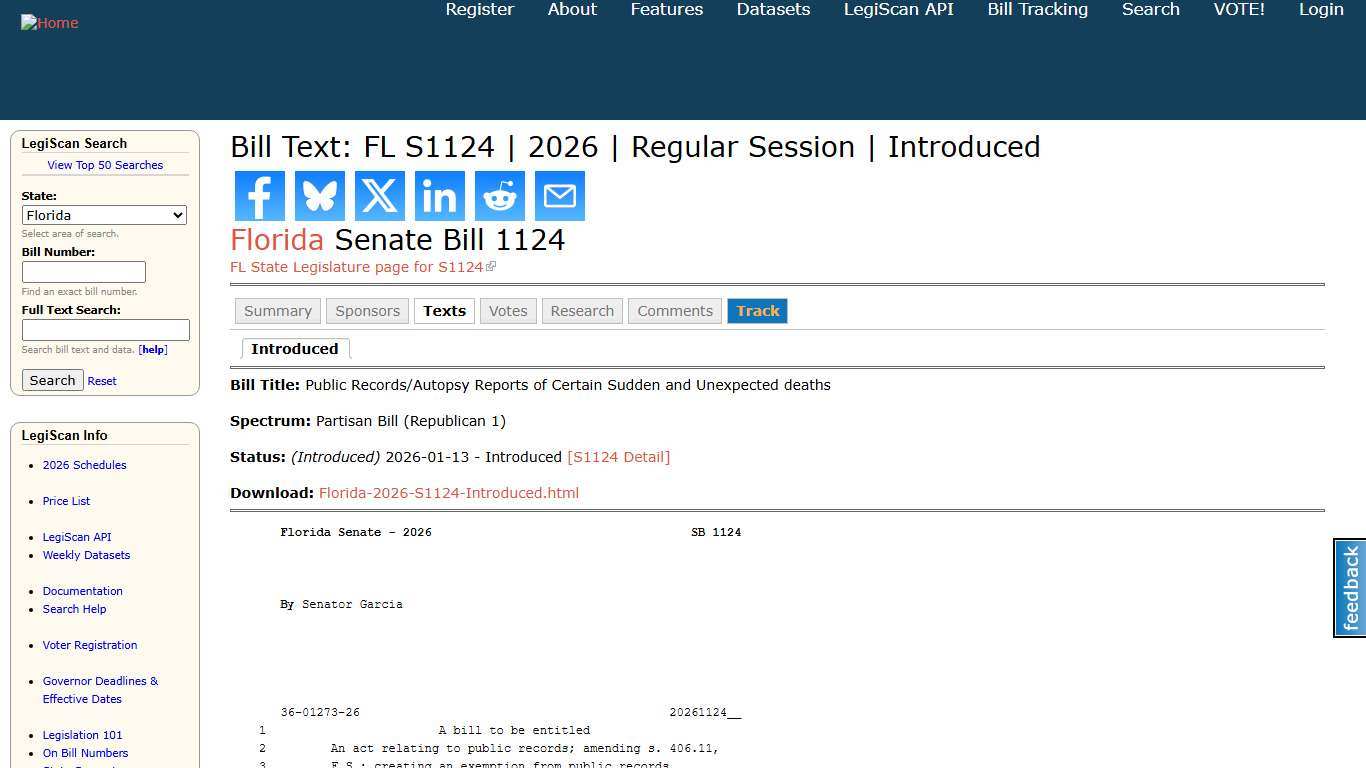 Bill Text: FL S1124 2026 Regular Session Introduced LegiScan