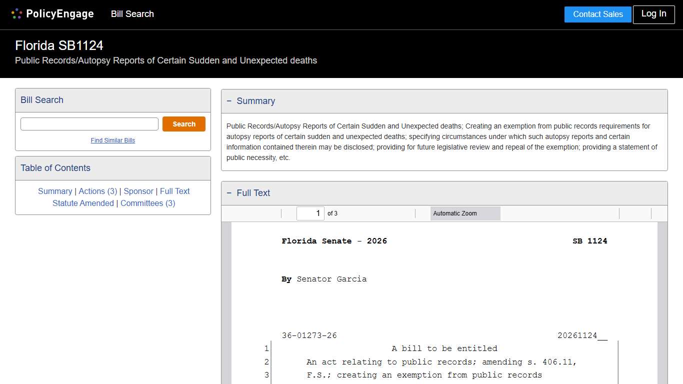 SB1124 Florida 2026 Public Records/Autopsy Reports of Certain Sudden and Unexpected deaths - Legislative Tracking PolicyEngage